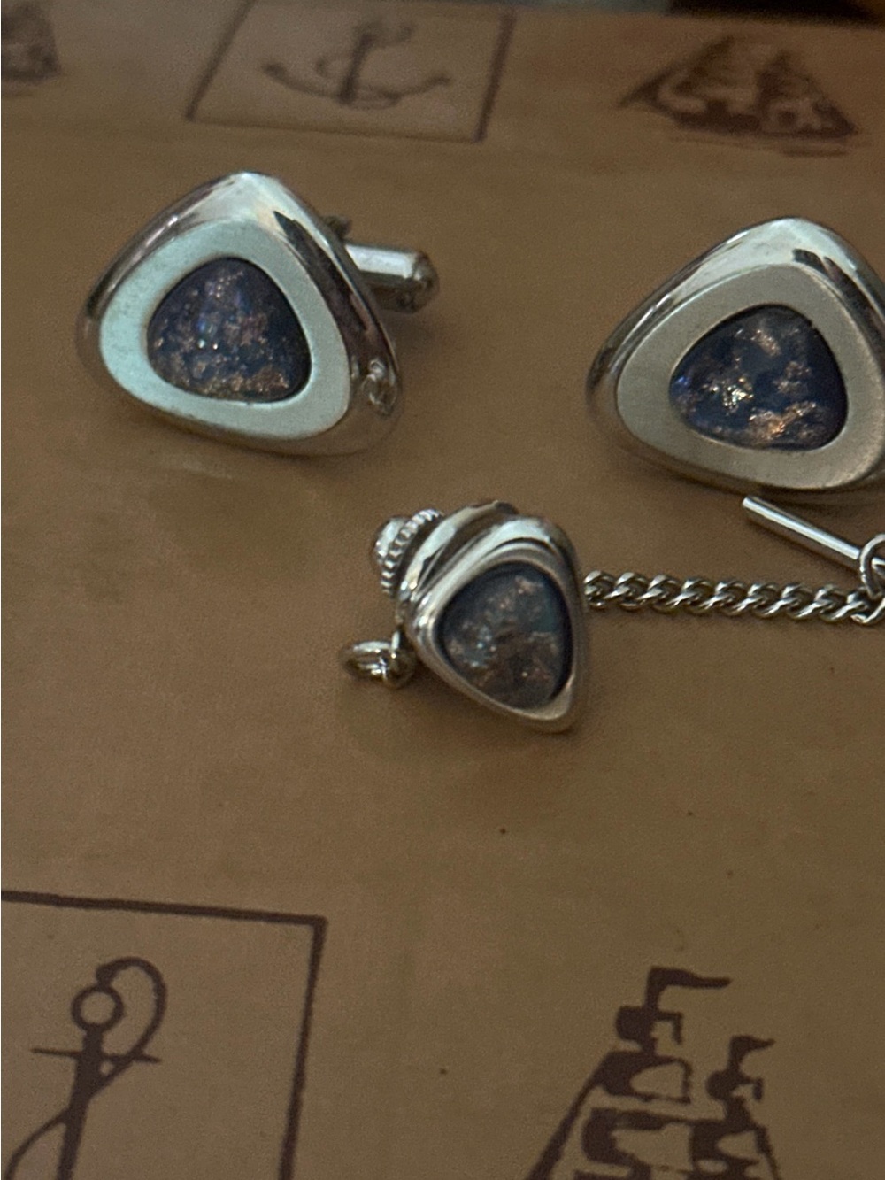 Vintage Source Unknown Silver Cufflinks and Tie Tack with Blue Opal Inlay